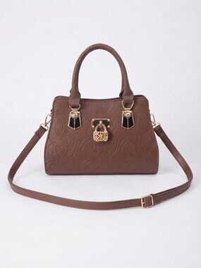 Brown Floral Embossed Hand Bag with Detachable Crossbody Strap